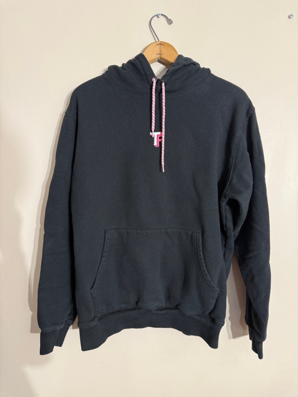 Teddy Fresh Black Hoodie Medium Spell Out Sleeve Logo Pink White Striped Cords